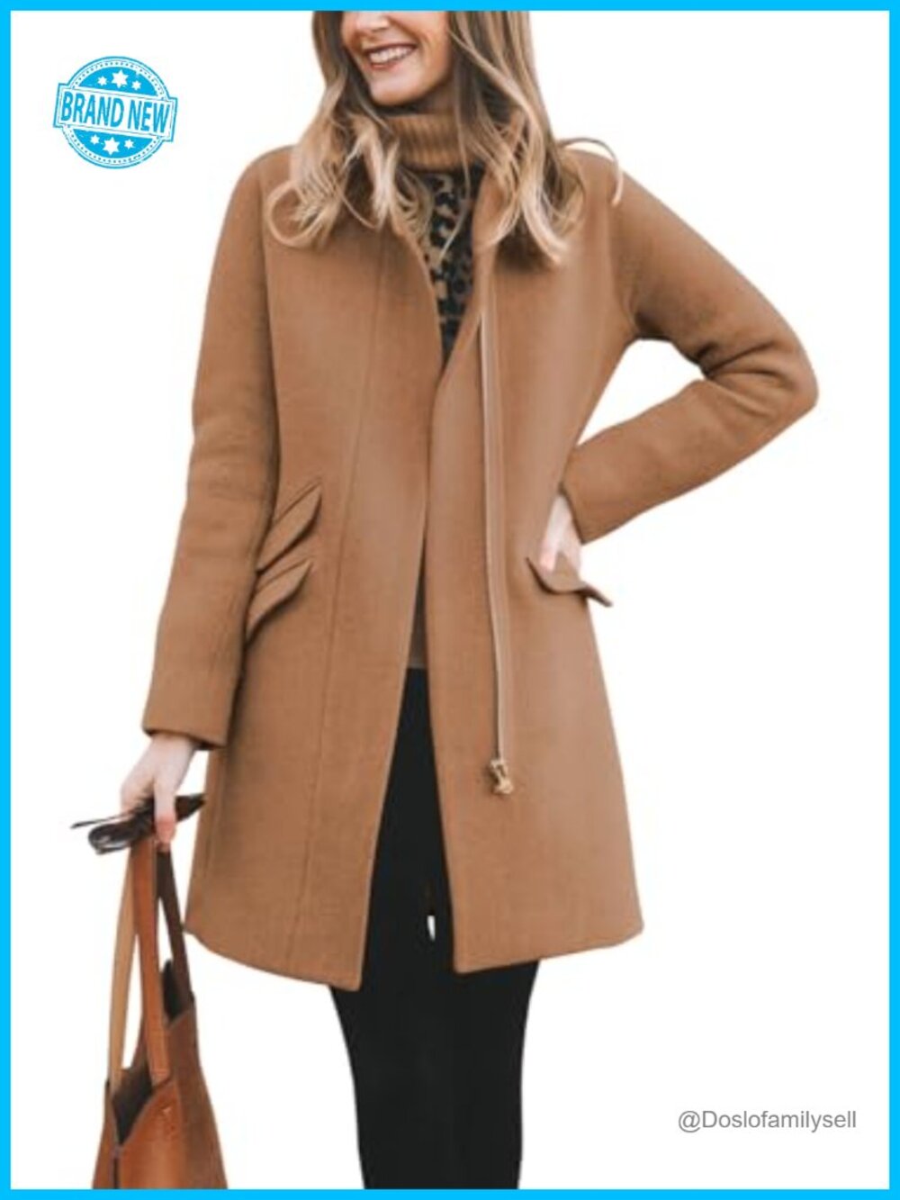 Womens Long Zip-Up Pea Coat Wool Blend Funnel Neck Winter Coat